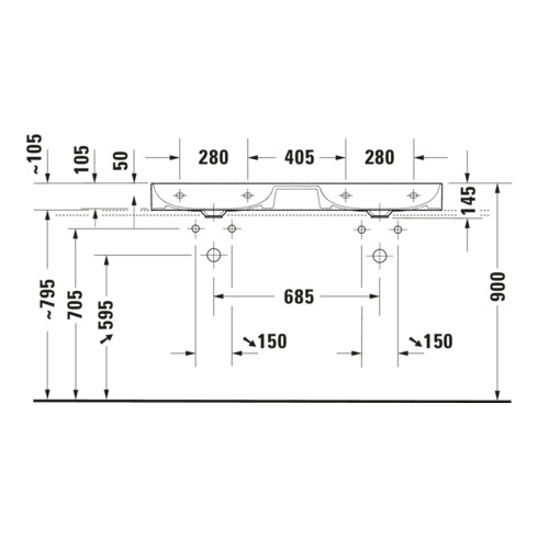 Duravit Meuble double vasque gs DuraSquare 120x47 cm, sans trop-plein, avec trop-plein bas, sans robinet, blanc
