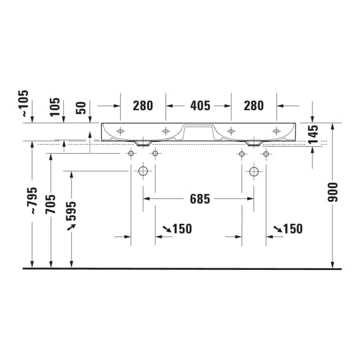 Duravit Meuble double vasque gs DuraSquare 120x47 cm, sans trop-plein, avec trop-plein bas, sans robinet, blanc