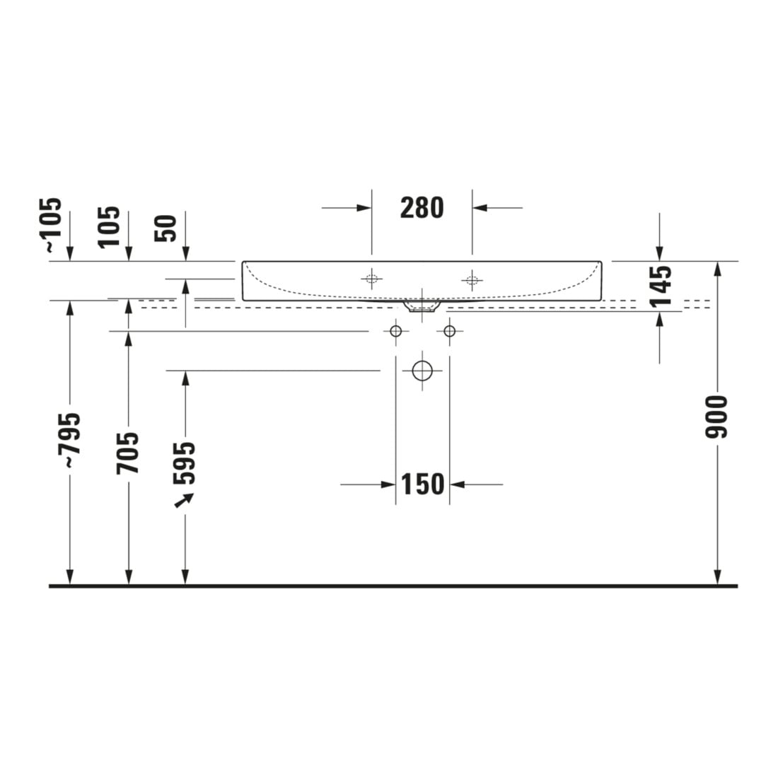 Duravit Meuble lavabo DuraSquare 100x47 cm, sans trop-plein, avec siphon, sans robinet, blanc