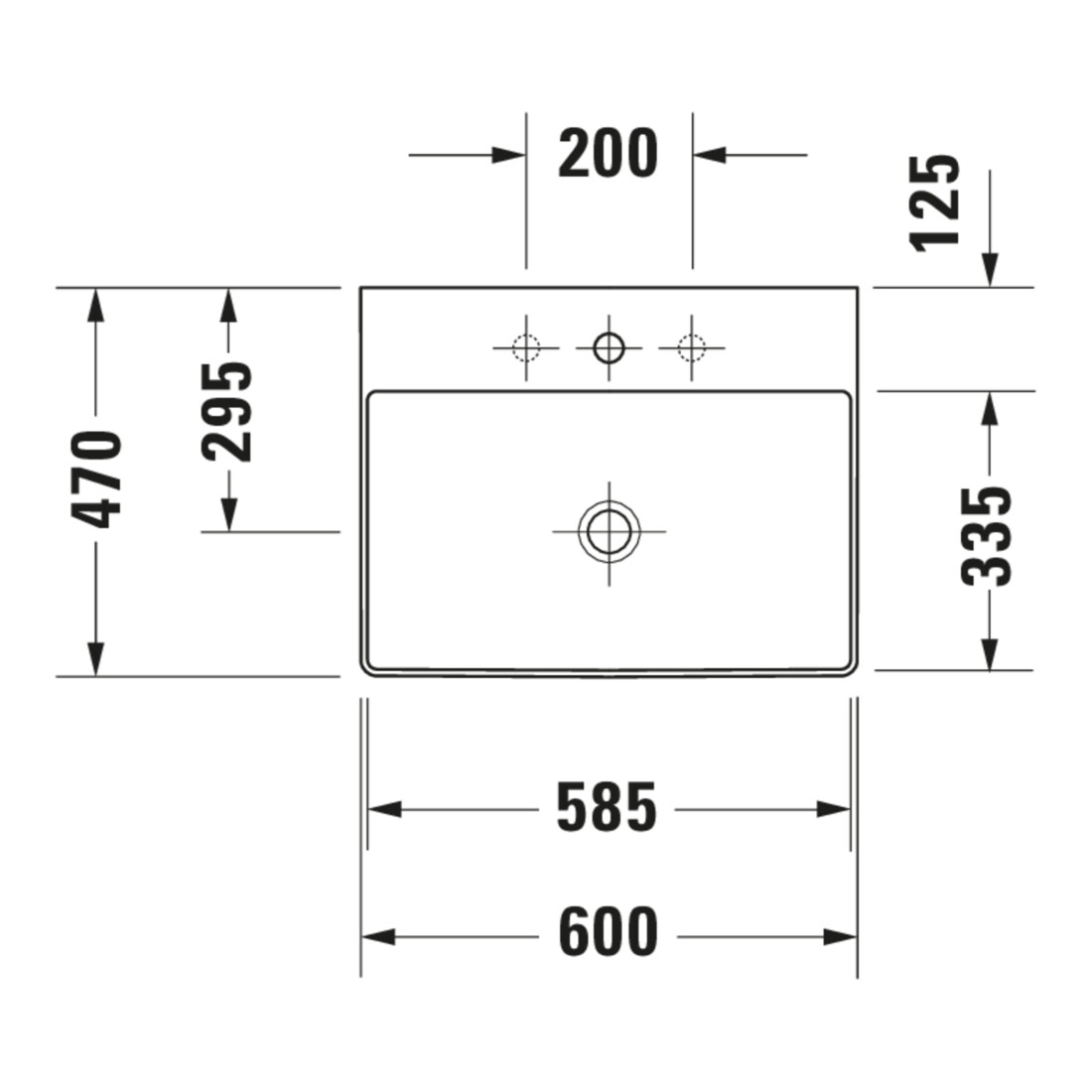 Duravit Meuble lavabo DuraSquare 60x47 cm, sans trop-plein, avec vidage, sans trou de robinet, blanc
