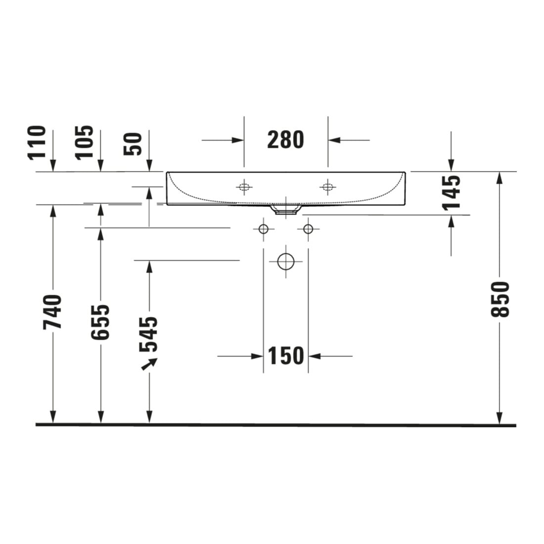 Duravit Meuble lavabo DuraSquare 80x47 cm, sans trop-plein, avec bonde, sans trou robinet, blanc