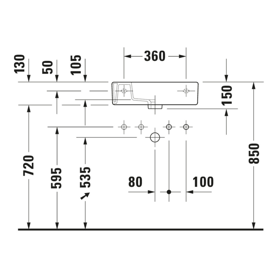 Duravit Meuble lavabo Vero 50x25 cm, avec trop-plein, 2 trous prévus, blanc