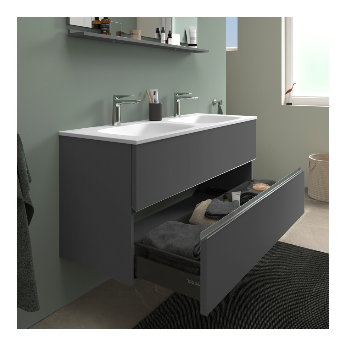 Duravit Meuble sous-lavabo au sol Sivida 128x59,2x47,7 cm, 2 tiroirs, gris mat, chrome