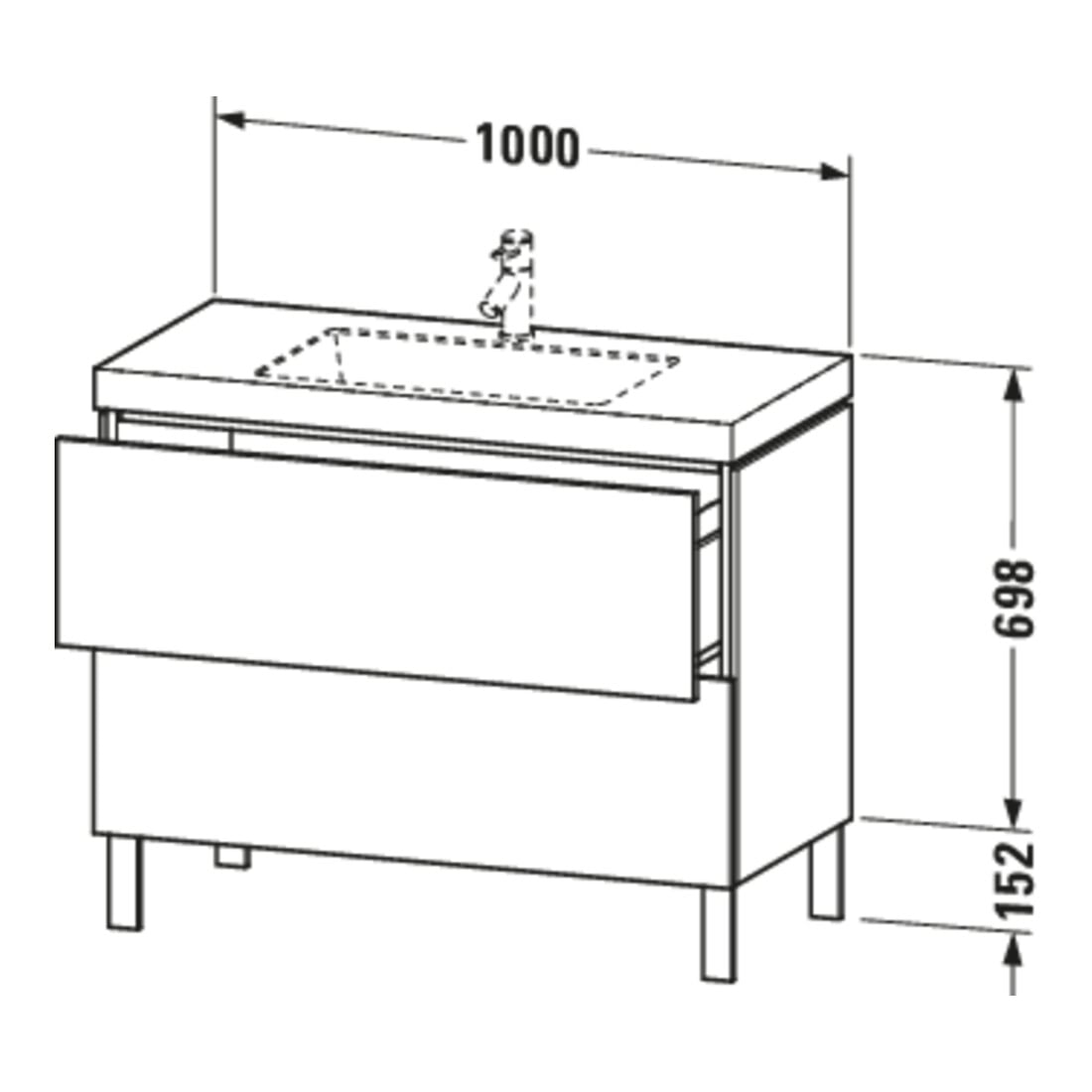 Duravit Meuble sous lavabo c-bonded L-Cube 100x48 cm, sans trop-plein, gris mat, 2 tiroirs, debout