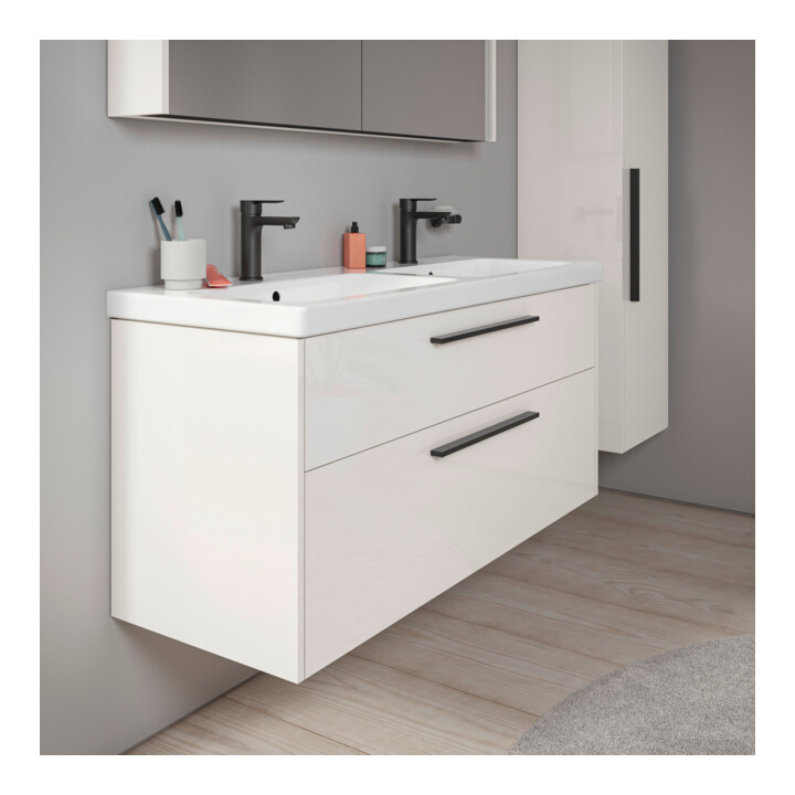 Duravit Meuble sous-lavabo D-Code 118,4x55,5x46 cm, 2 tiroirs, blanc brillant, poignées noires