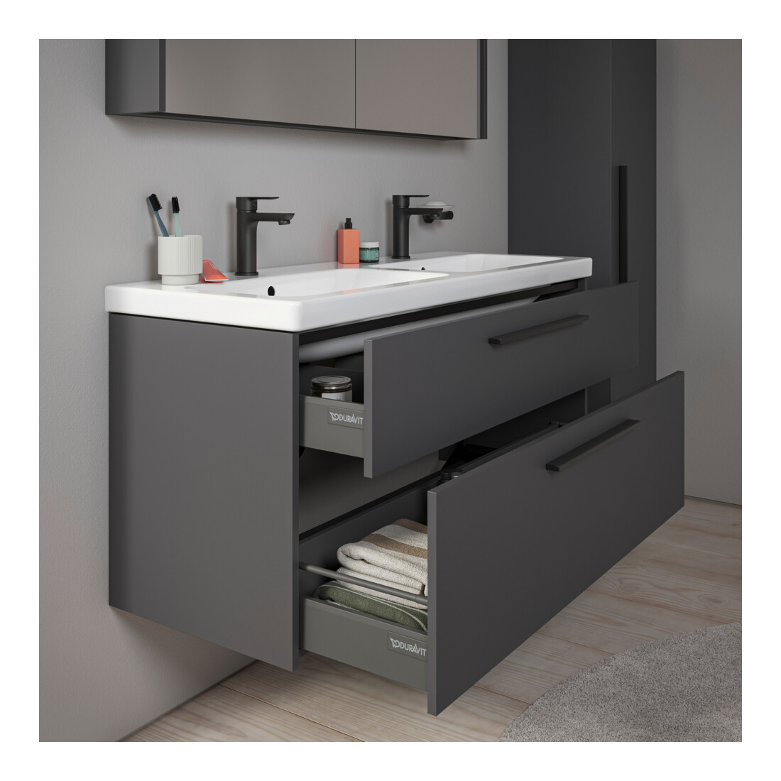 Duravit Meuble sous lavabo D-Code 118,4x55,5x46 cm, 2 tiroirs, gris mat, taille S, noir