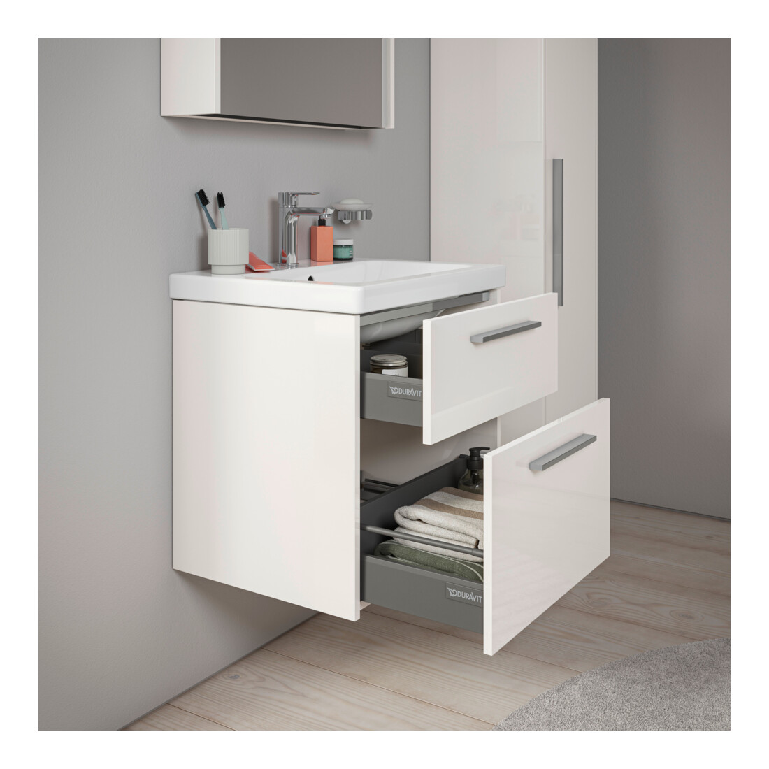 Duravit Meuble sous lavabo D-Code 58,4x55,5x46 cm, 2 tiroirs, blanc brillant, chrome