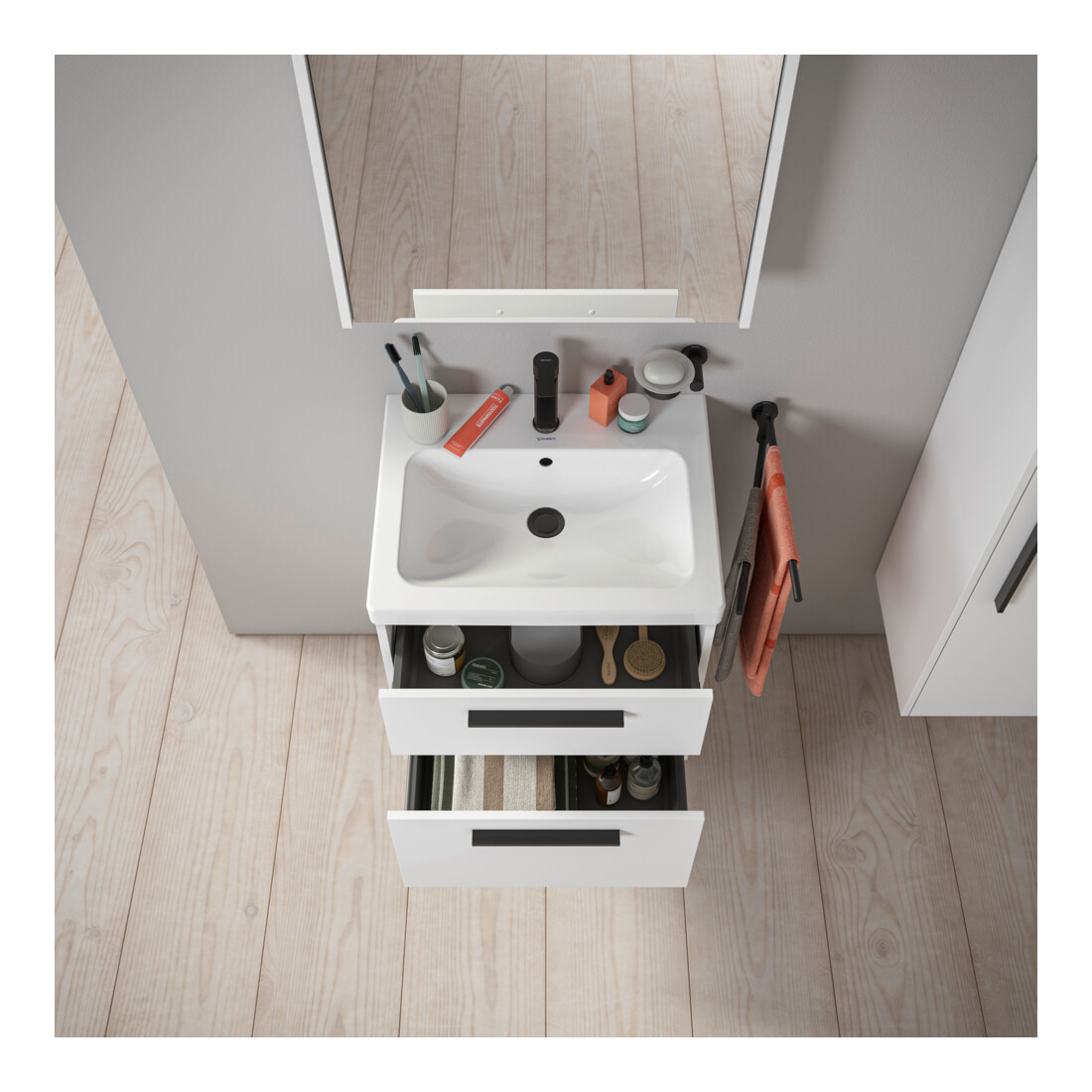 Duravit Meuble sous-lavabo D-Code 58,4x55,5x46 cm, 2 tiroirs, blanc mat, gris anthracite