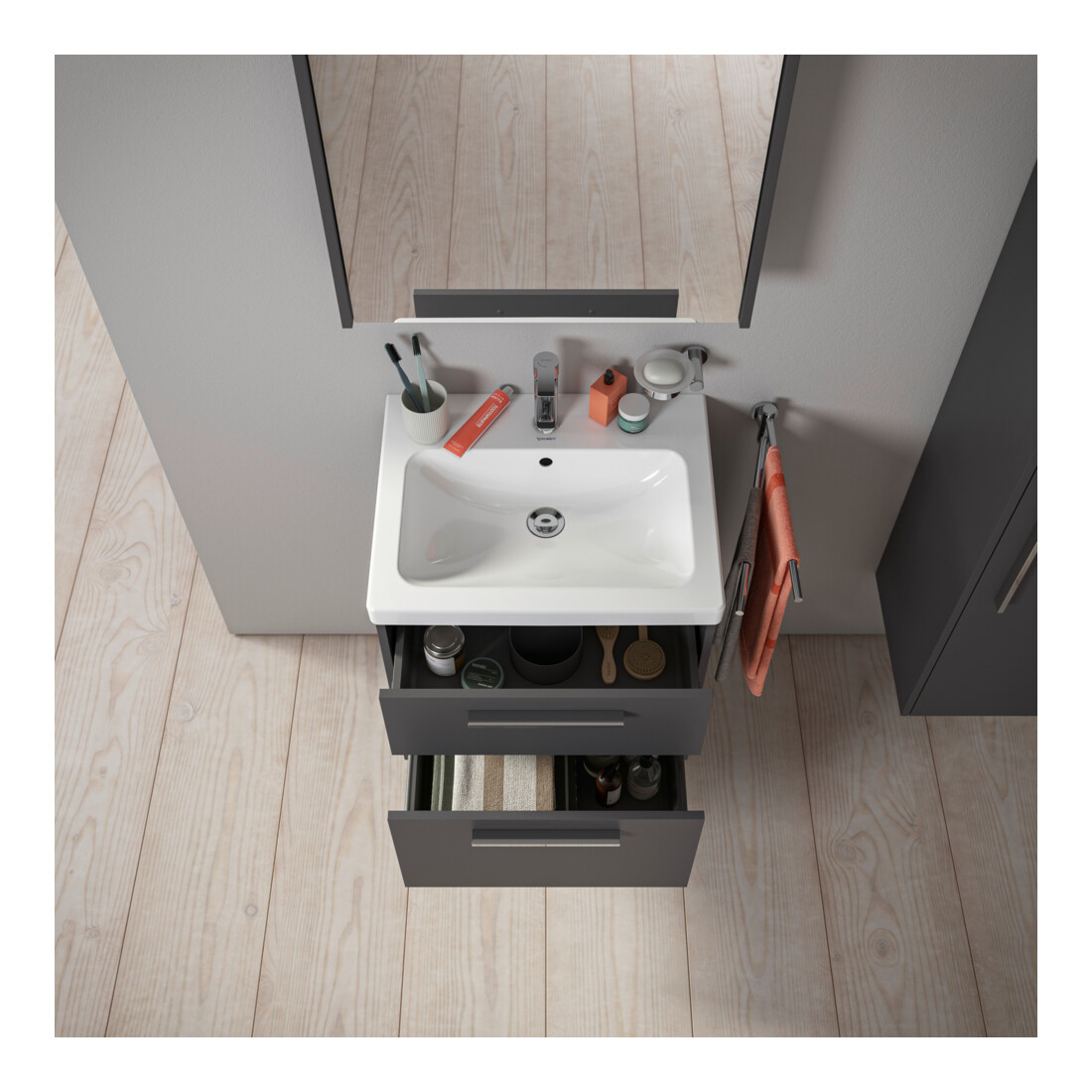 Duravit Meuble sous-lavabo D-Code 58,4x55,5x46 cm, 2 tiroirs, gris mat, Gr. chr