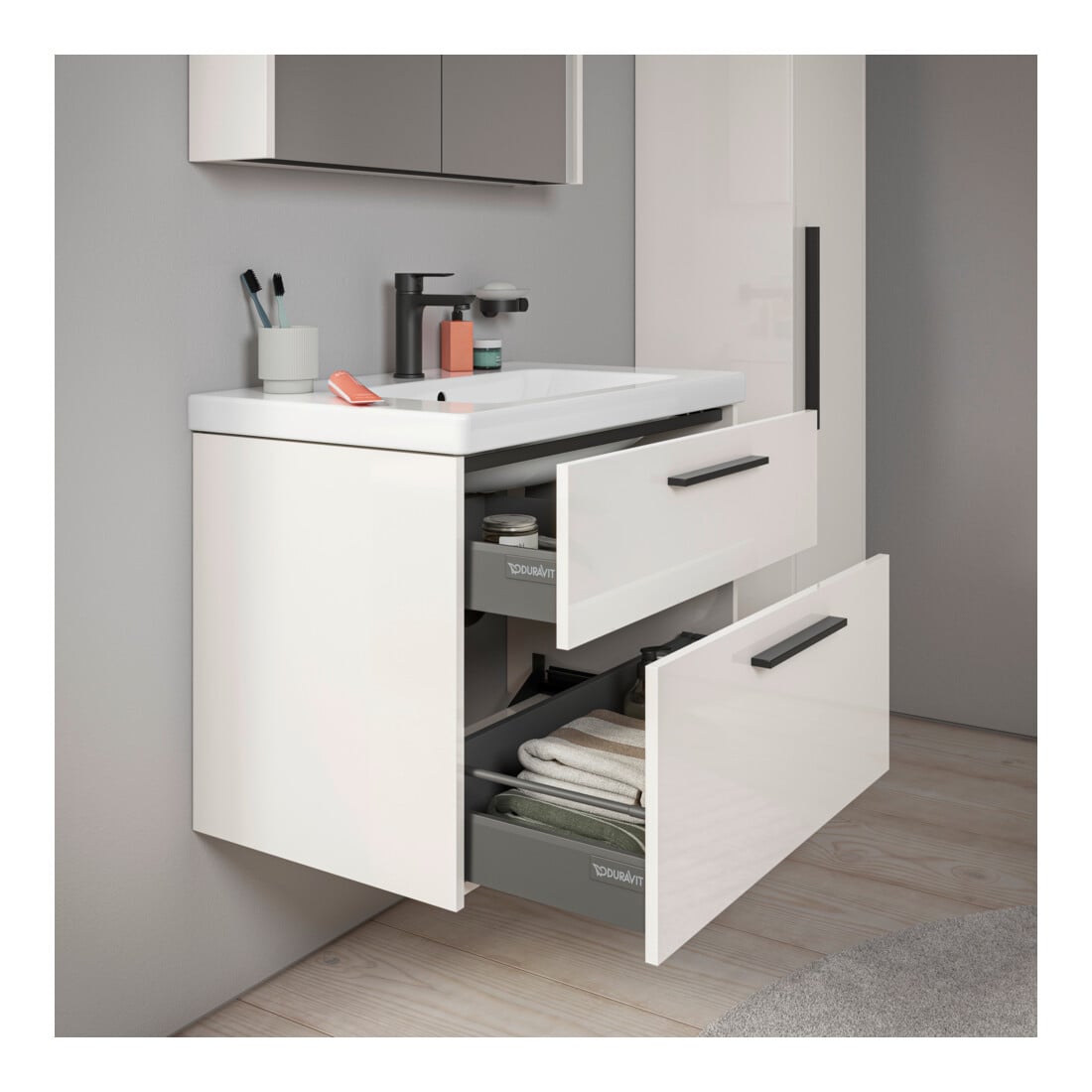 Duravit Meuble sous lavabo D-Code 78,4x55,5x46 cm, 2 tiroirs, blanc brillant, poignée noire