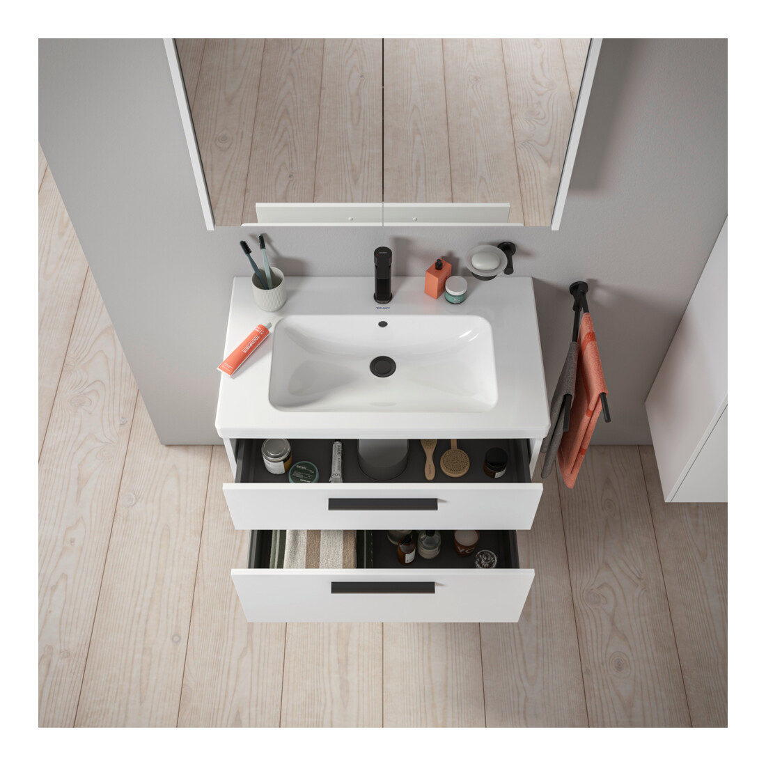 Duravit Meuble sous-lavabo D-Code 78,4x55,5x46 cm, 2 tiroirs, blanc mat, poignée noire