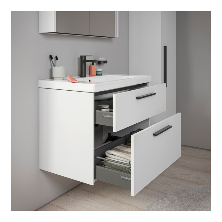 Duravit Meuble sous-lavabo D-Code 78,4x55,5x46 cm, 2 tiroirs, blanc mat, poignée noire