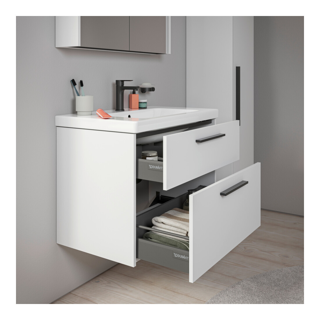 Duravit Meuble sous-lavabo D-Code 78,4x55,5x46 cm, 2 tiroirs, blanc mat, poignée noire