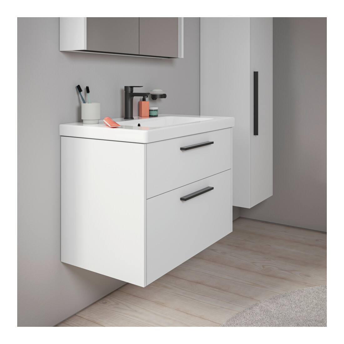 Duravit Meuble sous-lavabo D-Code 78,4x55,5x46 cm, 2 tiroirs, blanc mat, poignée noire