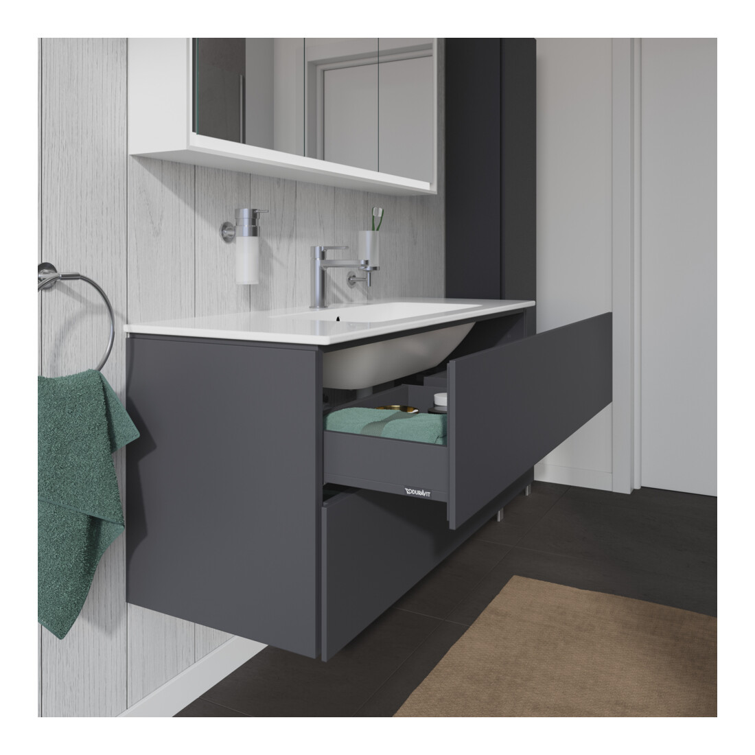 Duravit Meuble sous lavabo L-Cube 122x48,1 cm, graphite mat, 2 tiroirs, suspendu