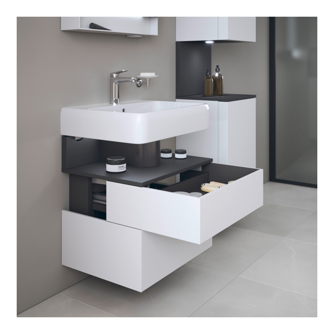 Duravit Meuble sous-lavabo Qatego 59x47x59 cm, gris mat/blanc mat, 1 porte, avec poignée