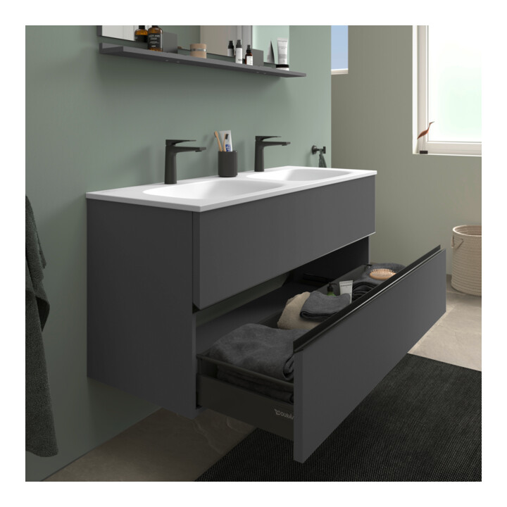 Duravit Meuble sous lavabo Sivida 128x59,2x47,7 cm, 2 tiroirs, gris m, poignées noires