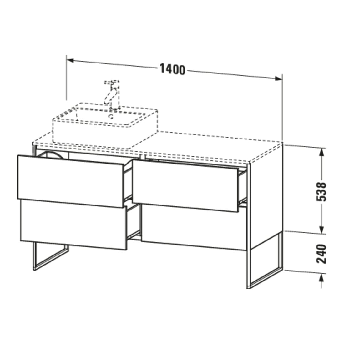 Duravit Meuble sous lavabo XSquare 140x77,8x53,8 cm, 4 tiroirs, blanc brillant, avec miroir