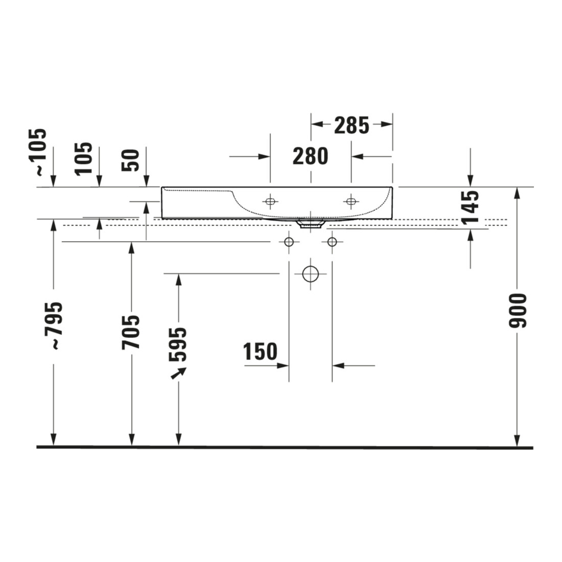 Duravit Meuble vasque asy fermé DuraSquare 80x47 cm, sans trop-plein, avec robinetterie, lavabo droit, sans trou, blanc
