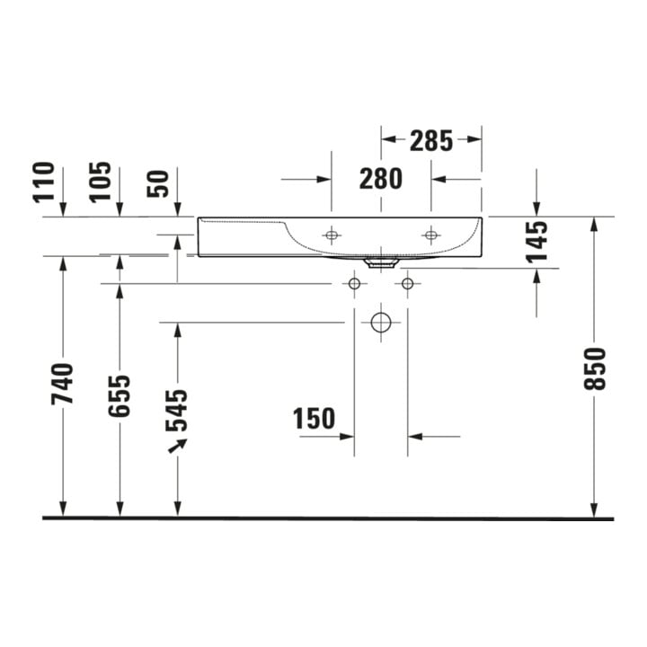 Duravit Meuble vasque asymétrique DuraSquare 80x47 cm, sans trop-plein, avec vidage, lavabo droit, sans robinetterie, blanc
