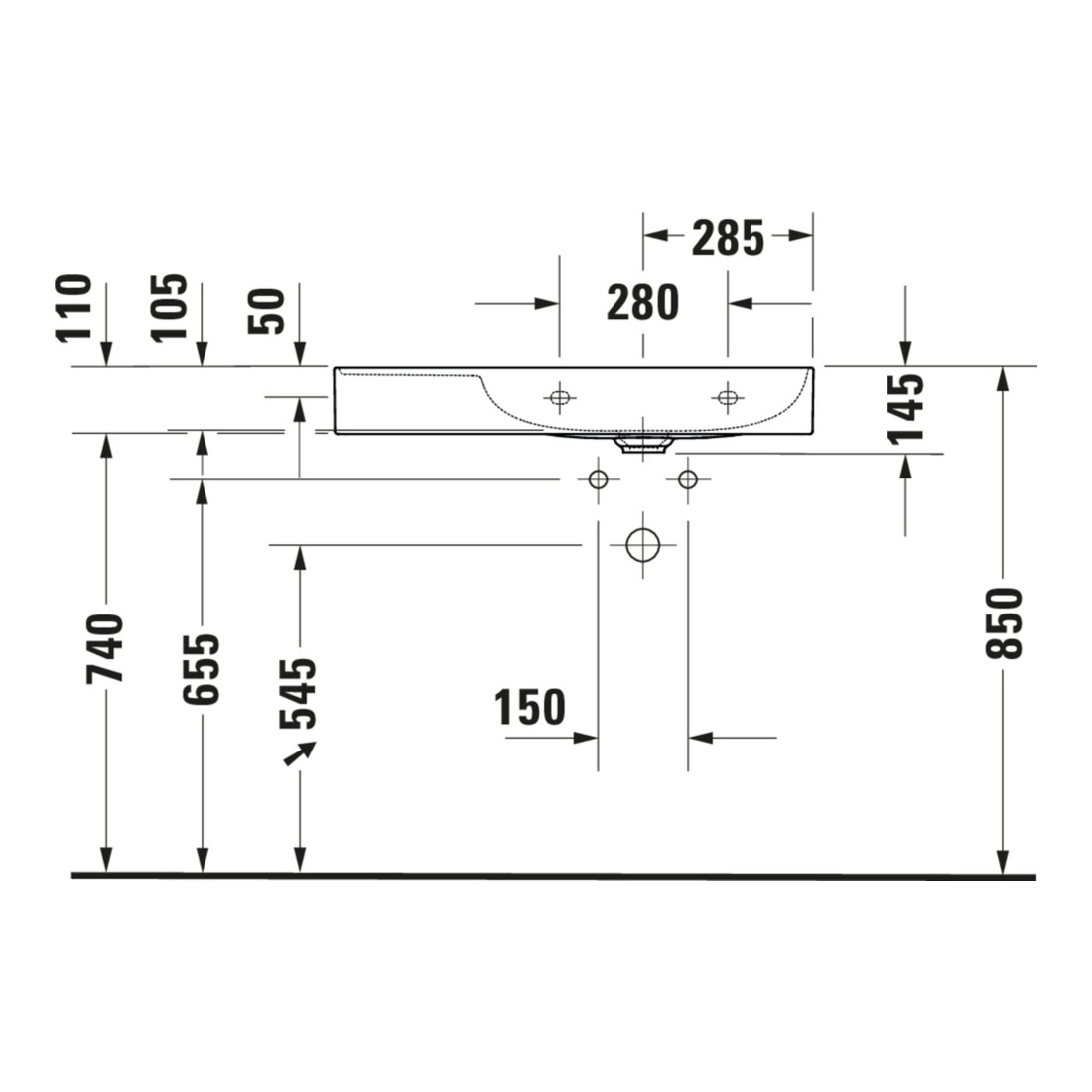 Duravit Meuble vasque asymétrique DuraSquare 80x47 cm, sans trop-plein, avec vidage, lavabo droit, sans robinetterie, blanc
