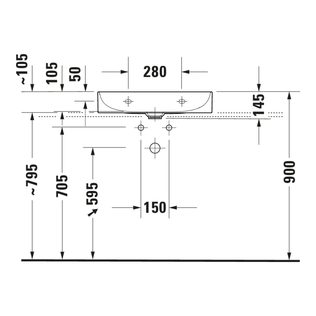 Duravit Meuble vasque Com, DuraSquare fermé 60x40 cm, sans trop-plein, avec bonde, sans trou robinet, blanc