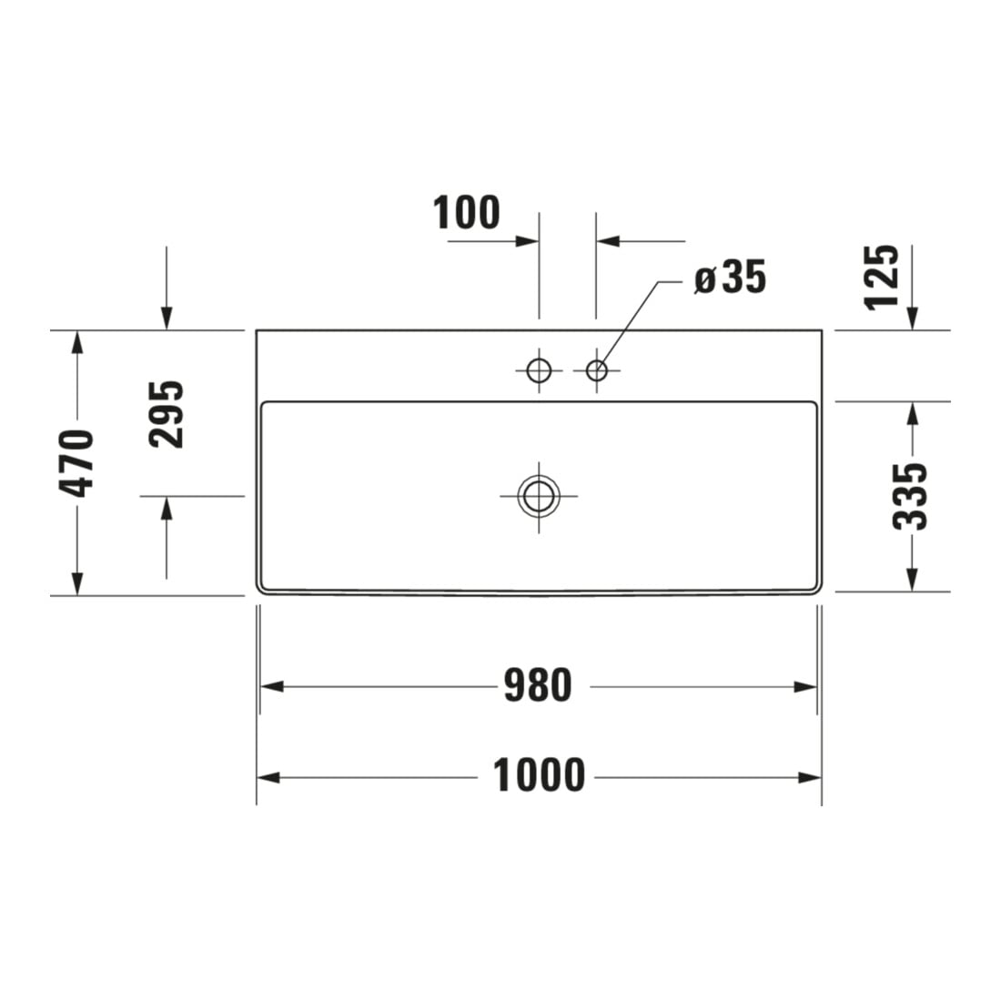 Duravit Meuble vasque DuraSquare 100x47 cm, sans trop-plein, avec trop-plein latéral, blanc