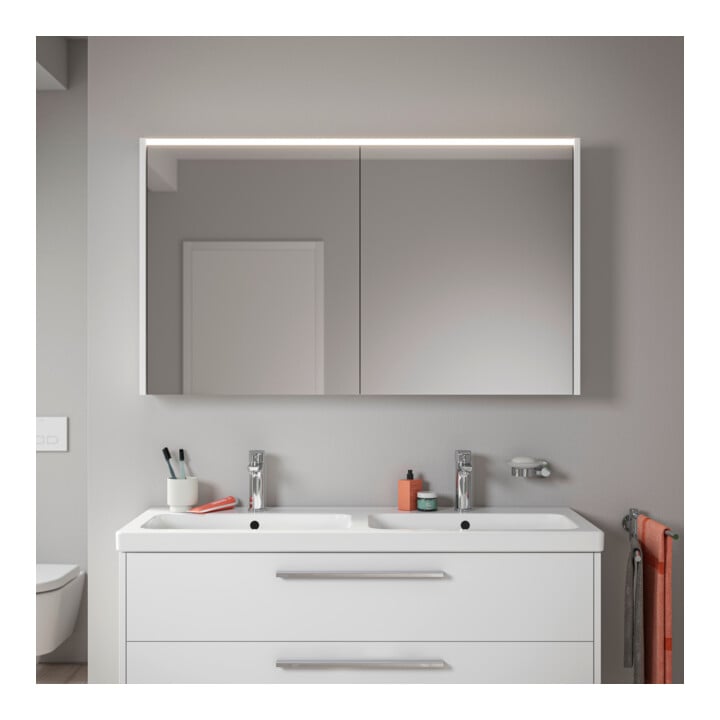 Duravit Miroir LED D-Code 2.0 m, prise, 2 portes, lumière frontale, 120x70x14,8 cm, blanc mat