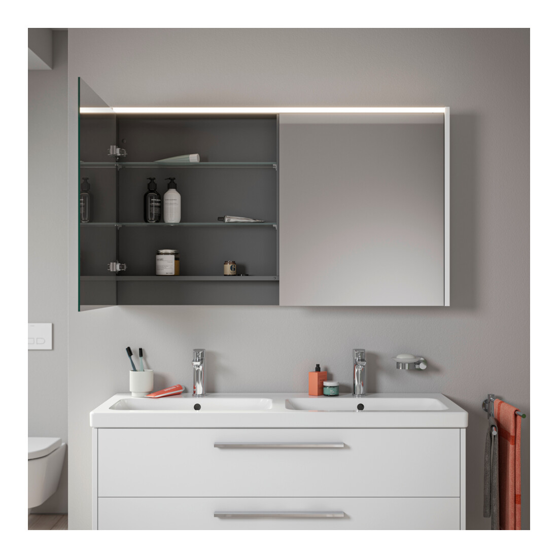 Duravit Miroir LED D-Code 2.0 m, prise, 2 portes, lumière frontale, 120x70x14,8 cm, blanc mat