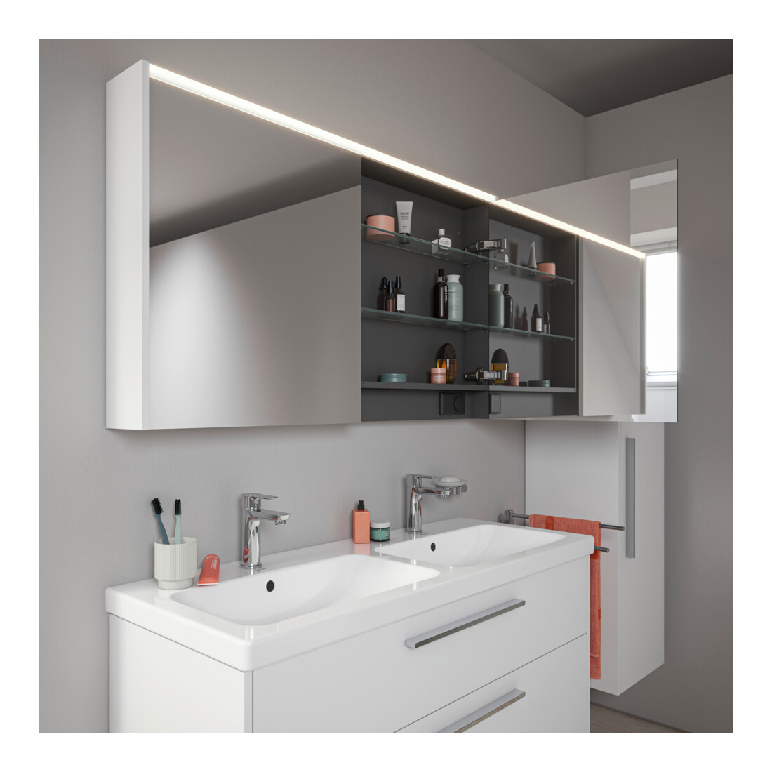 Duravit Miroir LED D-Code 2.0 m, prise, 2 portes, lumière frontale, 120x70x14,8 cm, blanc mat