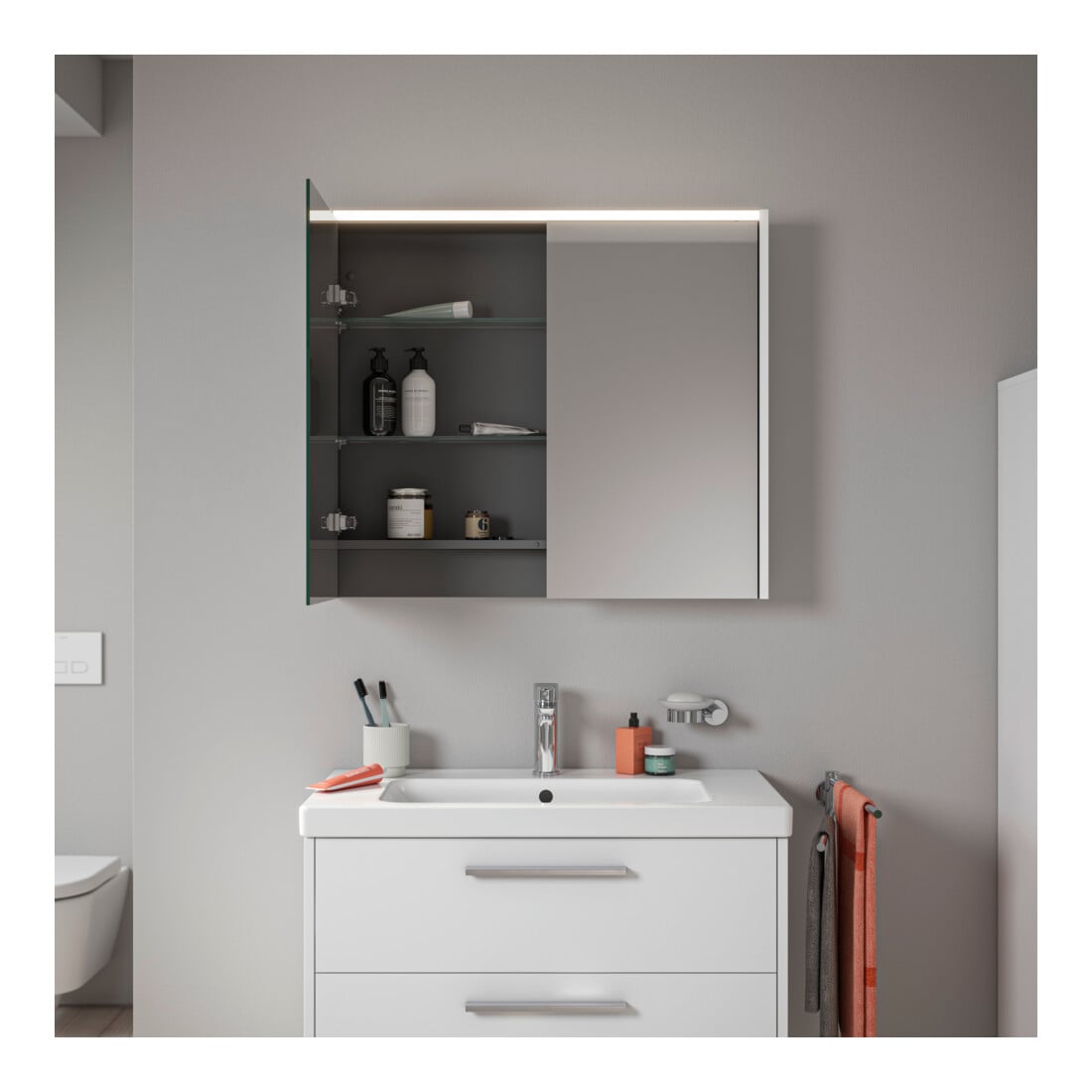 Duravit Miroir LED D-Code 2.0 m, prise, 2 portes, lumière frontale, 80x70x14,8 cm, blanc mat