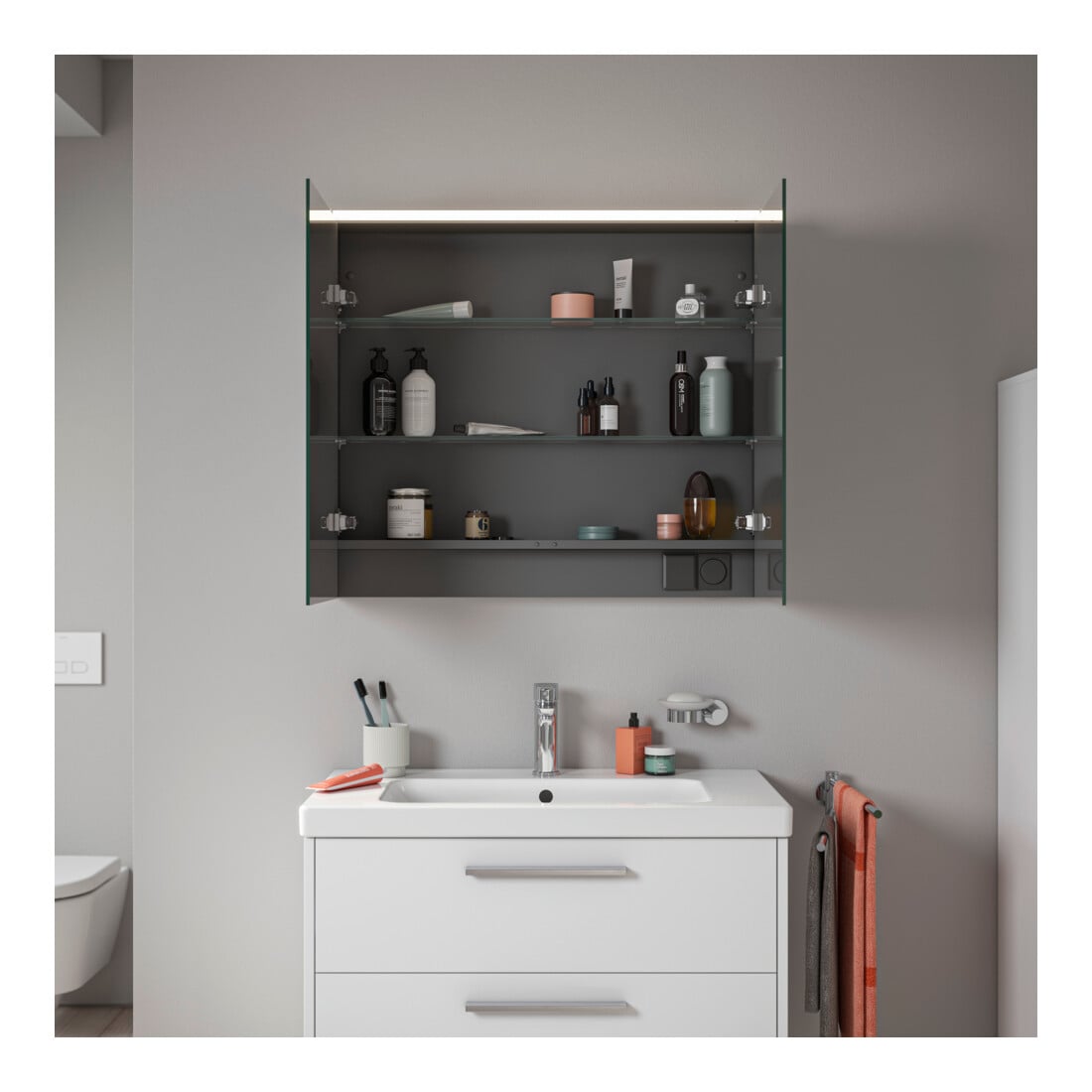 Duravit Miroir LED D-Code 2.0 m, prise, 2 portes, lumière frontale, 80x70x14,8 cm, blanc mat