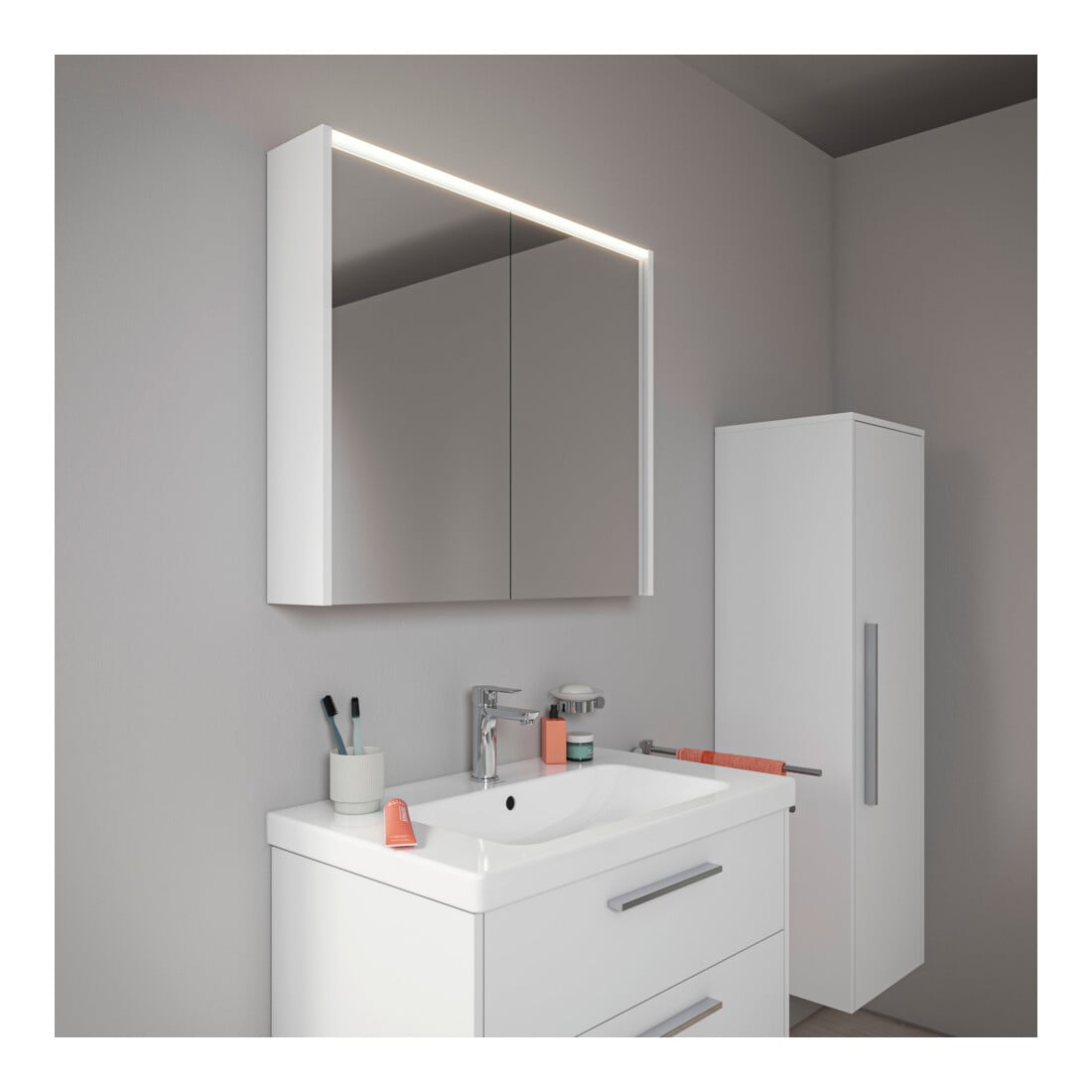 Duravit Miroir LED D-Code 2.0 m, prise, 2 portes, lumière frontale, 80x70x14,8 cm, blanc mat