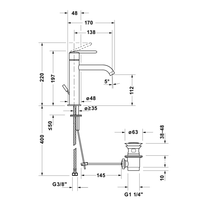 Duravit Mitigeur lavabo Fresh u. -Flow Balcoon bec 138 mm, avec tirette, noir mat