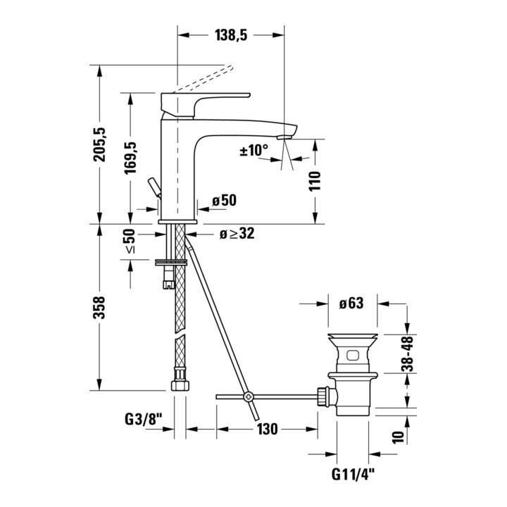 Duravit Mitigeur lavabo mono S FreshStart + -Flow B.1 m Bonde à tirette, chrome, 139 mm