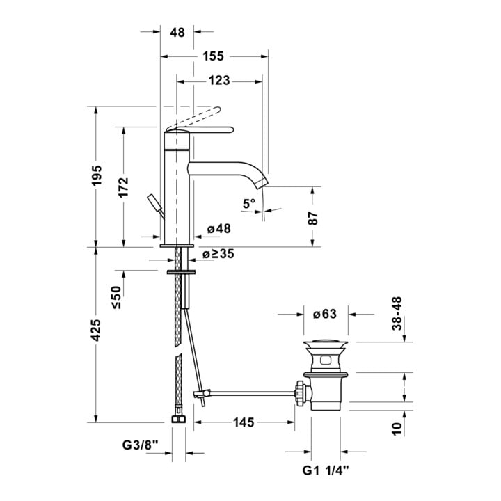 Duravit Mitigeur lavabo S Fresh u. -Flow Balcoon bec 123 mm, avec vidage à tirette, ES courbé