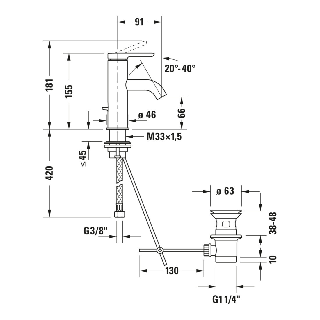 Duravit Mitigeur lavabo S FreshStart + -Flow C.1 Bec 91 mm, avec vidage, chrome