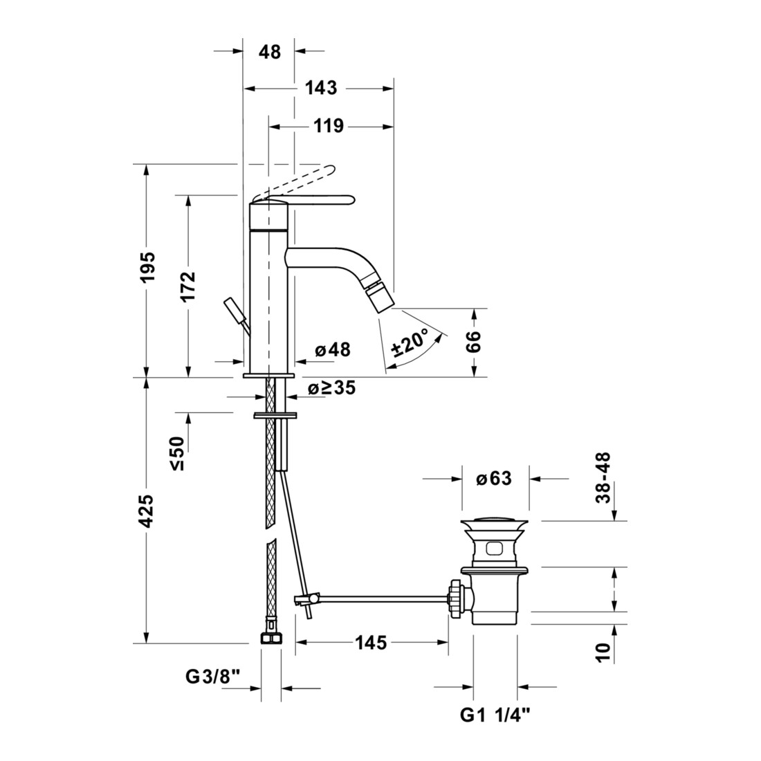 Duravit Mitigeur mono-commande Balcoon pour bidet, bec 119 mm, avec garniture vidage, chrome brillant