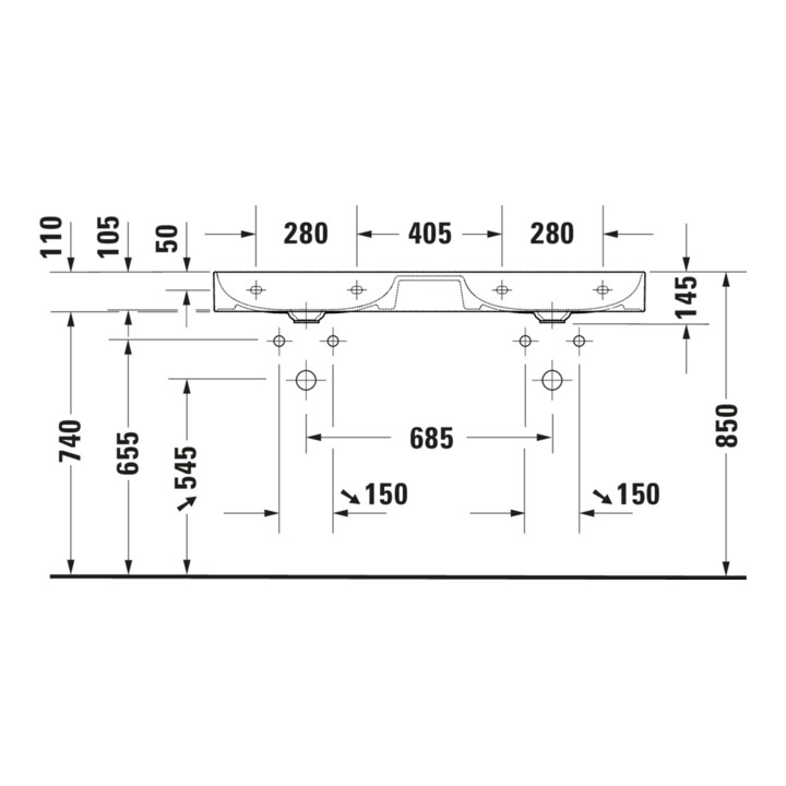 Duravit Möbel-Doppelwaschtisch DuraSquare 120x47cm, o. ÜL, m HLB, o. HL, weiß