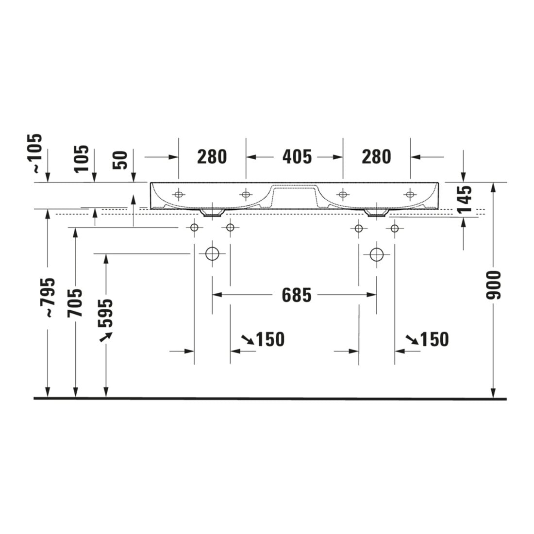 Duravit Möbel-Doppelwaschtisch gs DuraSquare 120x47cm, o. ÜL, m HLB, o. HL, weiß