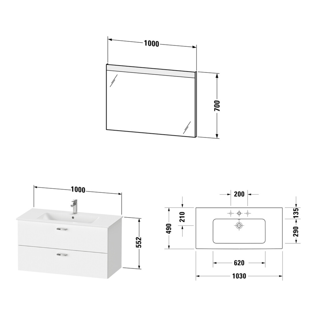 Duravit Möbel-Set XBase 103x49cm, WT, WTU 2 SchKa., Sp., we. gl