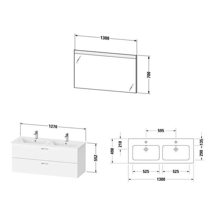 Duravit Möbel-Set XBase 130x49cm, WT, WTU 2 HL/SK, Sp., graph ma