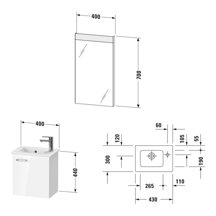 Duravit Möbel-Set XBase 43cm, 1 Tür, Anschl links, graphit matt