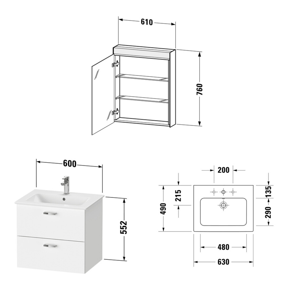 Duravit Möbel-Set XBase 63cm, 1 T., Anschl rechts, weiß glänzend