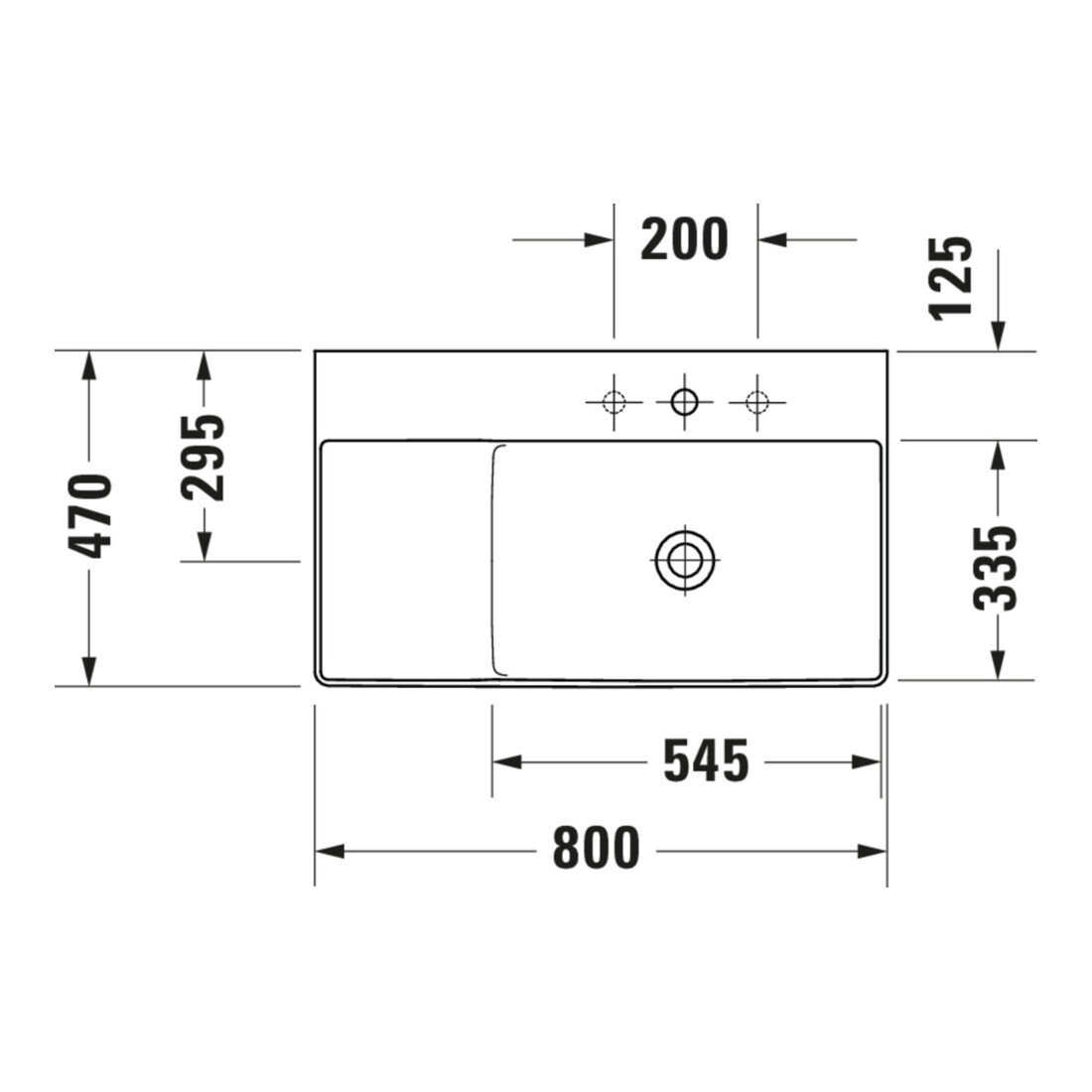 Duravit Möbelwaschtisch asymmetrisch DuraSquare 80x47cm, o Ü, m HLB, Beck. re, o. HL, we