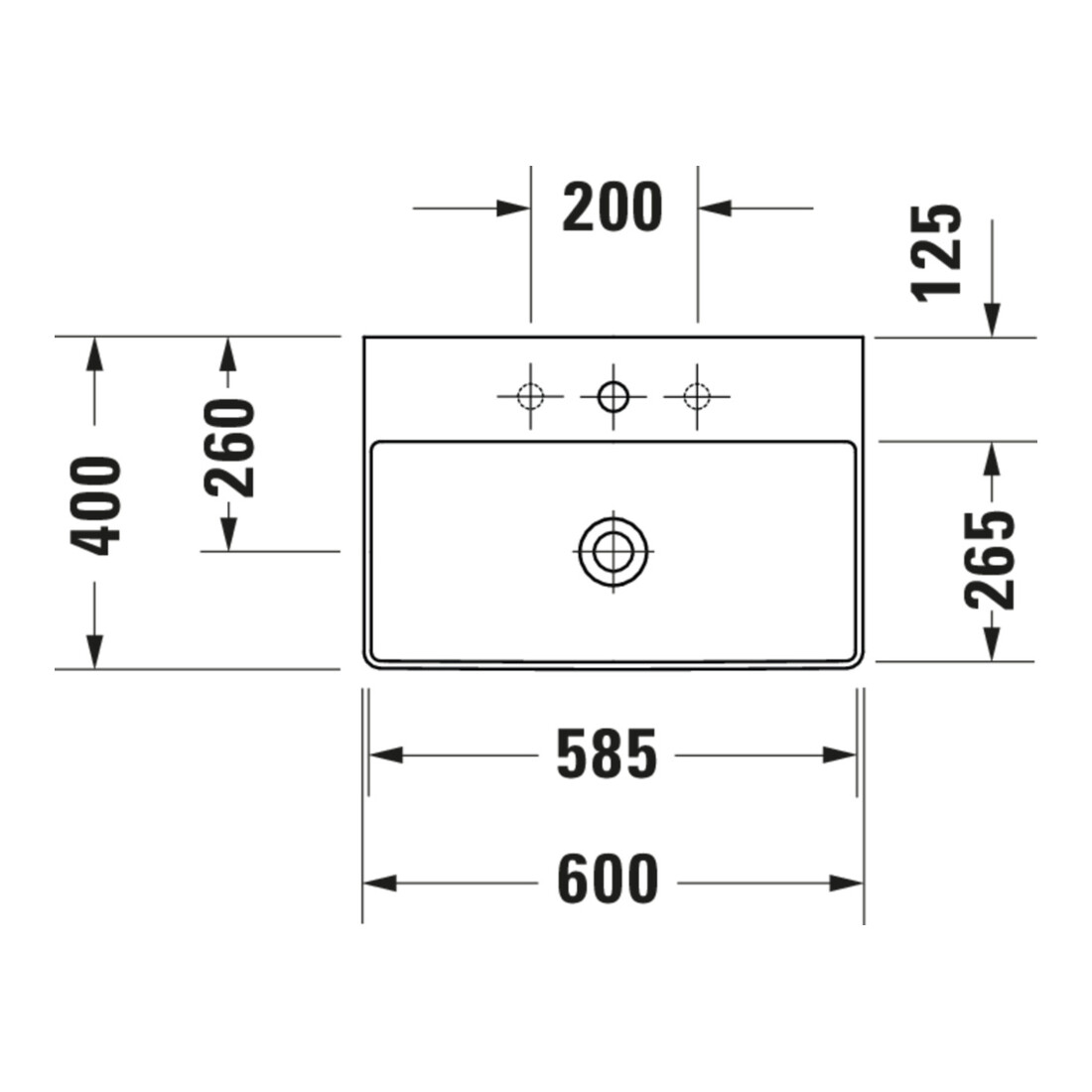 Duravit Möbelwaschtisch Com, DuraSquare geschli. 60x40cm, o. ÜL, m HLB, o. Hahnloch, weiß