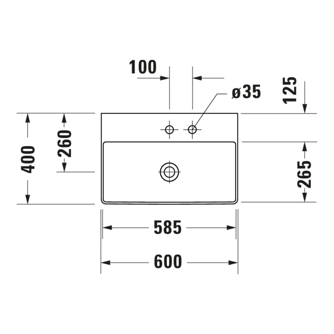 Duravit Möbelwaschtisch Com, DuraSquare geschli. 60x40cm, o. ÜL, m HLB, o. Hahnloch, weiß