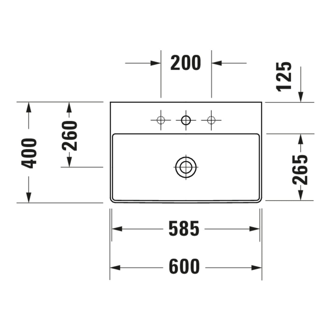 Duravit Möbelwaschtisch Com, DuraSquare geschli. 60x40cm, o. ÜL, m HLB, o. Hahnloch, weiß
