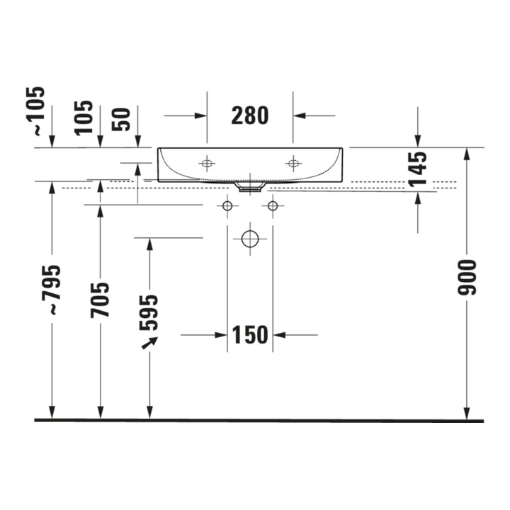 Duravit Möbelwaschtisch Com, DuraSquare geschli. 60x40cm, o. ÜL, m HLB, o. Hahnloch, weiß