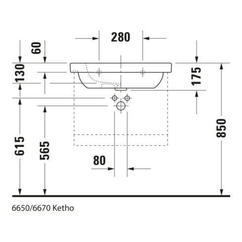 Duravit Möbelwaschtisch D-Code 65x48,5cm, m Hahnl., ÜL, Hahnloch, weiß
